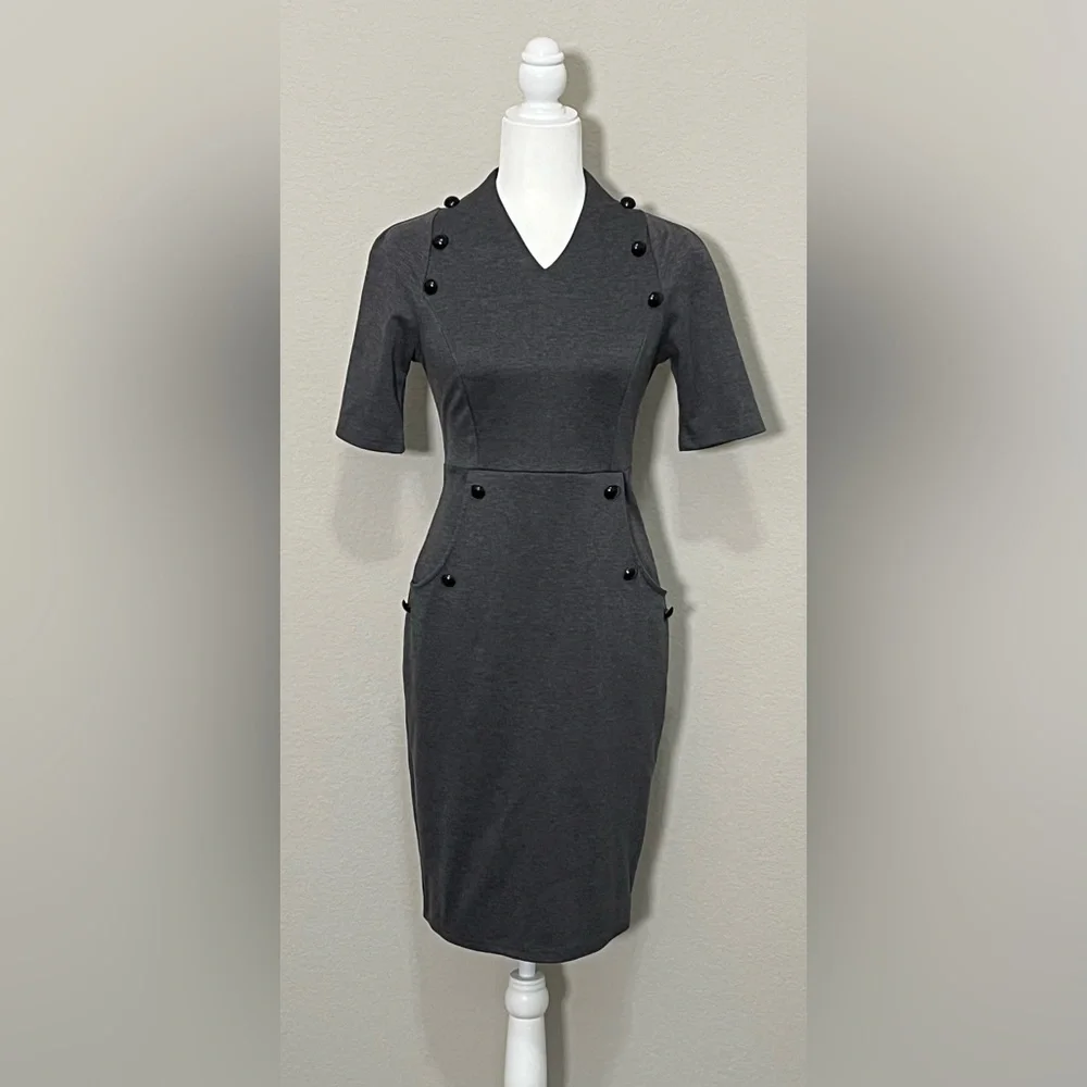 Grace Karin Gray Old Money Double Breasted Button Wiggle Pencil Dress Size S - Picture 2 of 16